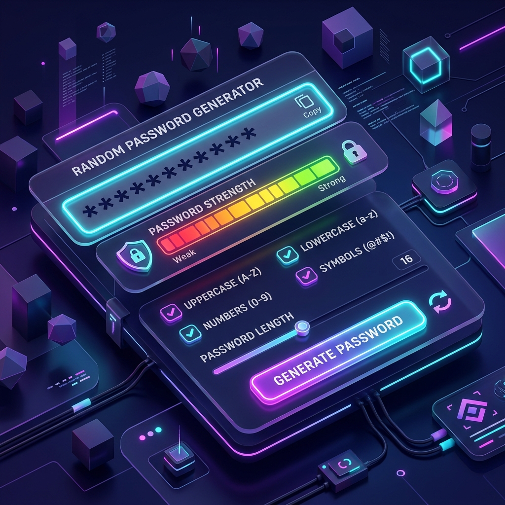 Random Password Generator tool interface with 3D design showing password strength meter and character options