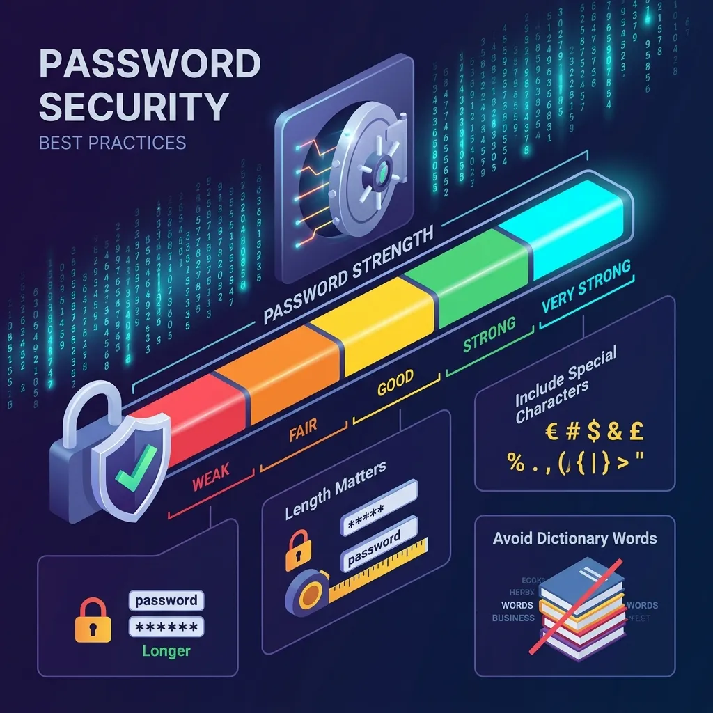 Password security best practices infographic showing strength meter from weak to very strong