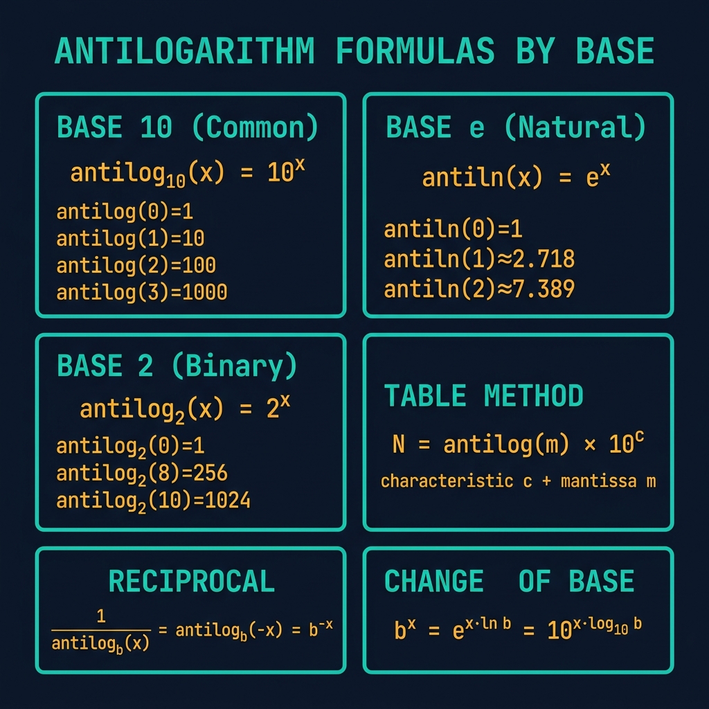Antilogarithm formulas by base chart showing six formula cards for base 10 antilog, natural antilog base e, binary antilog base 2, log table method with characteristic and mantissa, reciprocal antilog identity, and change of base formula on dark navy background with teal borders and amber monospace text