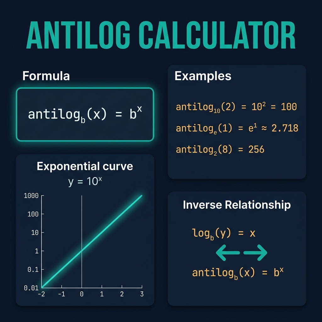 Antilog Calculator infographic showing the antilogarithm formula antilog base b of x equals b to the power x, exponential curve for base 10 rising from y equals 0.01 at x equals negative 2 to y equals 1000 at x equals 3, examples antilog of 2 equals 100 antilog of 0.5 equals 3.162 antiln of 1 equals 2.718, and the inverse relationship between log and antilog with bidirectional arrows on dark navy background with teal and amber accents