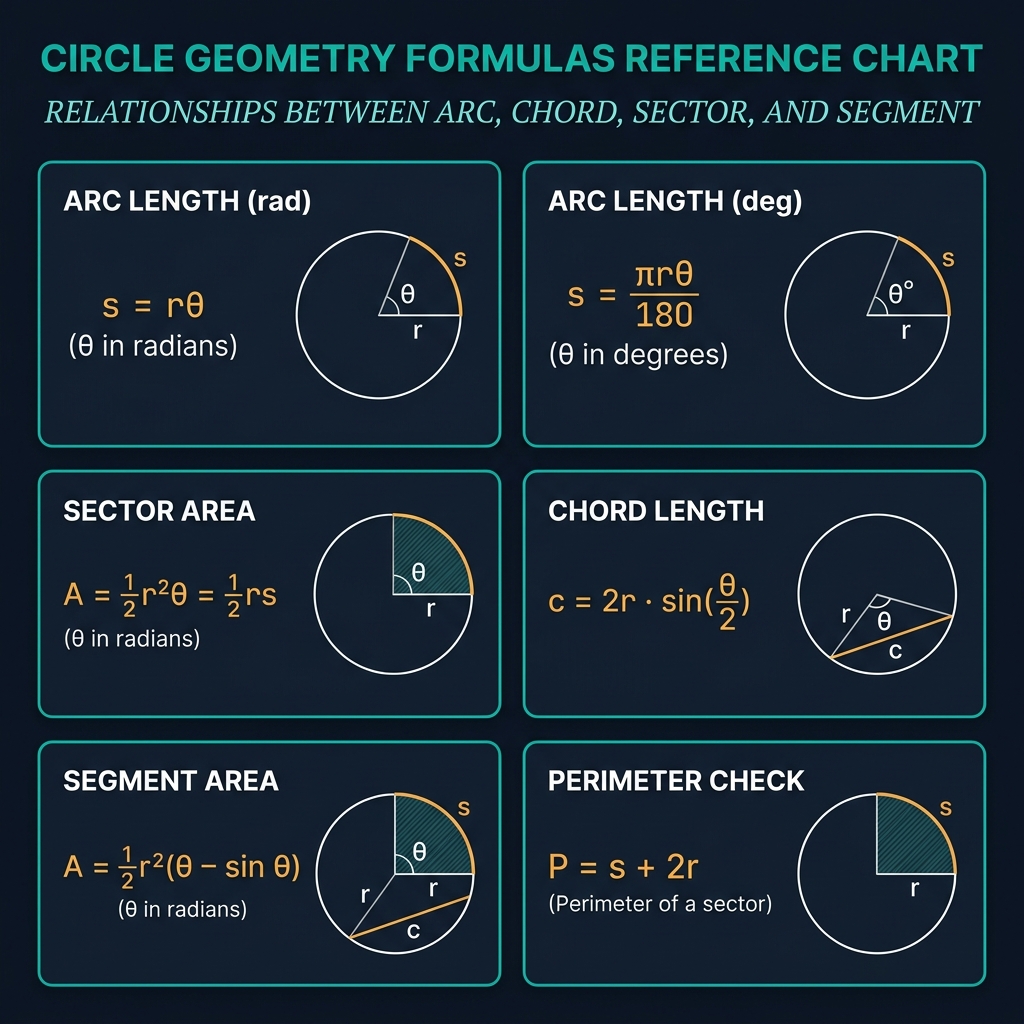 Circle geometry formulas reference chart showing six sections: arc length in radians (s = rθ), arc length in degrees (s = πrθ/180), sector area (A = ½r²θ = ½rs), chord length (c = 2r·sin(θ/2)), segment area (A = ½r²(θ − sin θ)), and perimeter of sector (P = s + 2r), each with small geometric diagrams, on a dark navy premium background with teal borders and amber monospace formula text