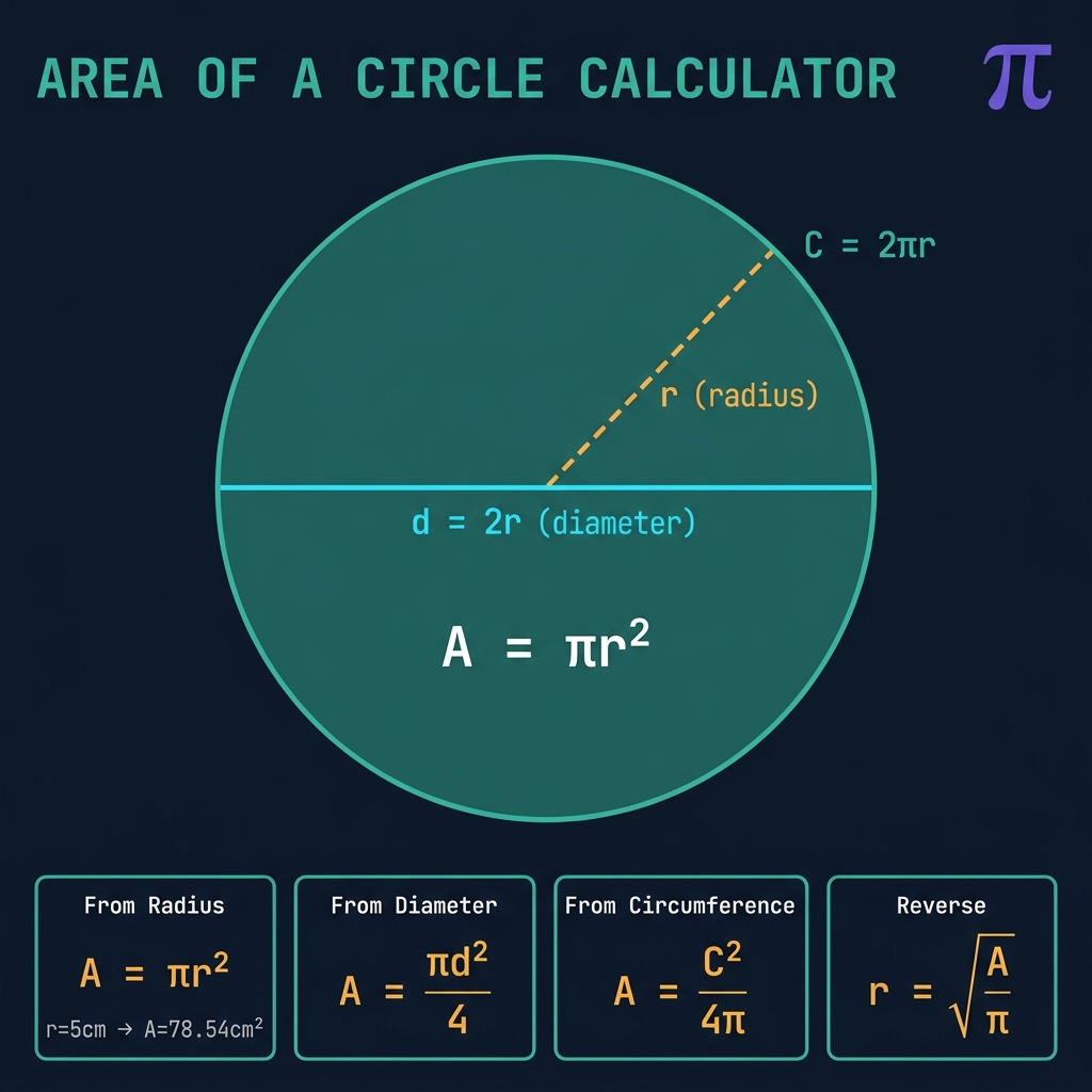 Area of a Circle Calculator infographic showing teal circle with amber radius line labeled r, cyan diameter line labeled d equals 2r, circumference C equals 2 pi r, and four formula cards: A equals pi r squared, A equals pi d squared over 4, A equals C squared over 4 pi, and r equals square root of A over pi on dark navy background