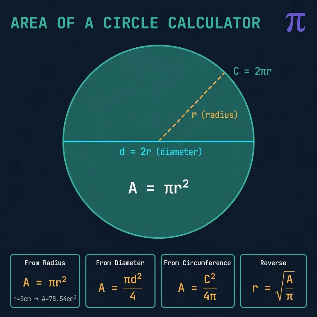 Area of a Circle Calculator infographic showing teal circle with amber radius line labeled r, cyan diameter line labeled d equals 2r, circumference C equals 2 pi r, and four formula cards: A equals pi r squared, A equals pi d squared over 4, A equals C squared over 4 pi, and r equals square root of A over pi on dark navy background