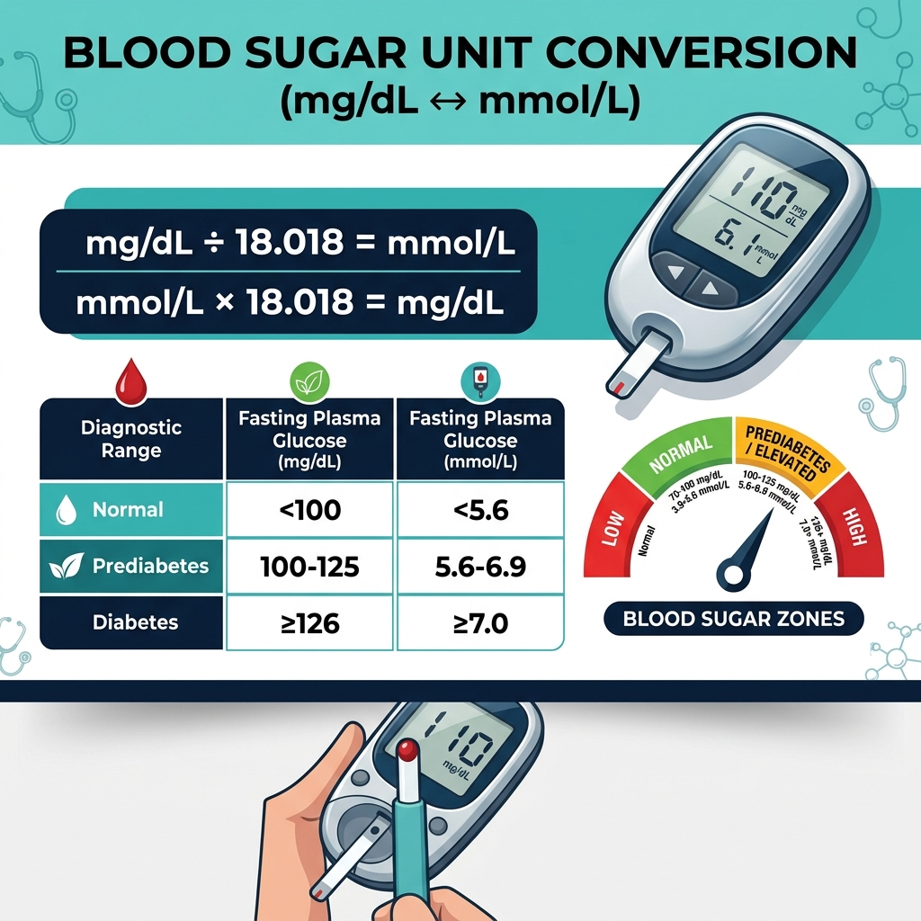 Blood sugar unit conversion infographic showing mg/dL to mmol/L formula, conversion factor 18.018, and comparison table for normal, prediabetes, and diabetes ranges