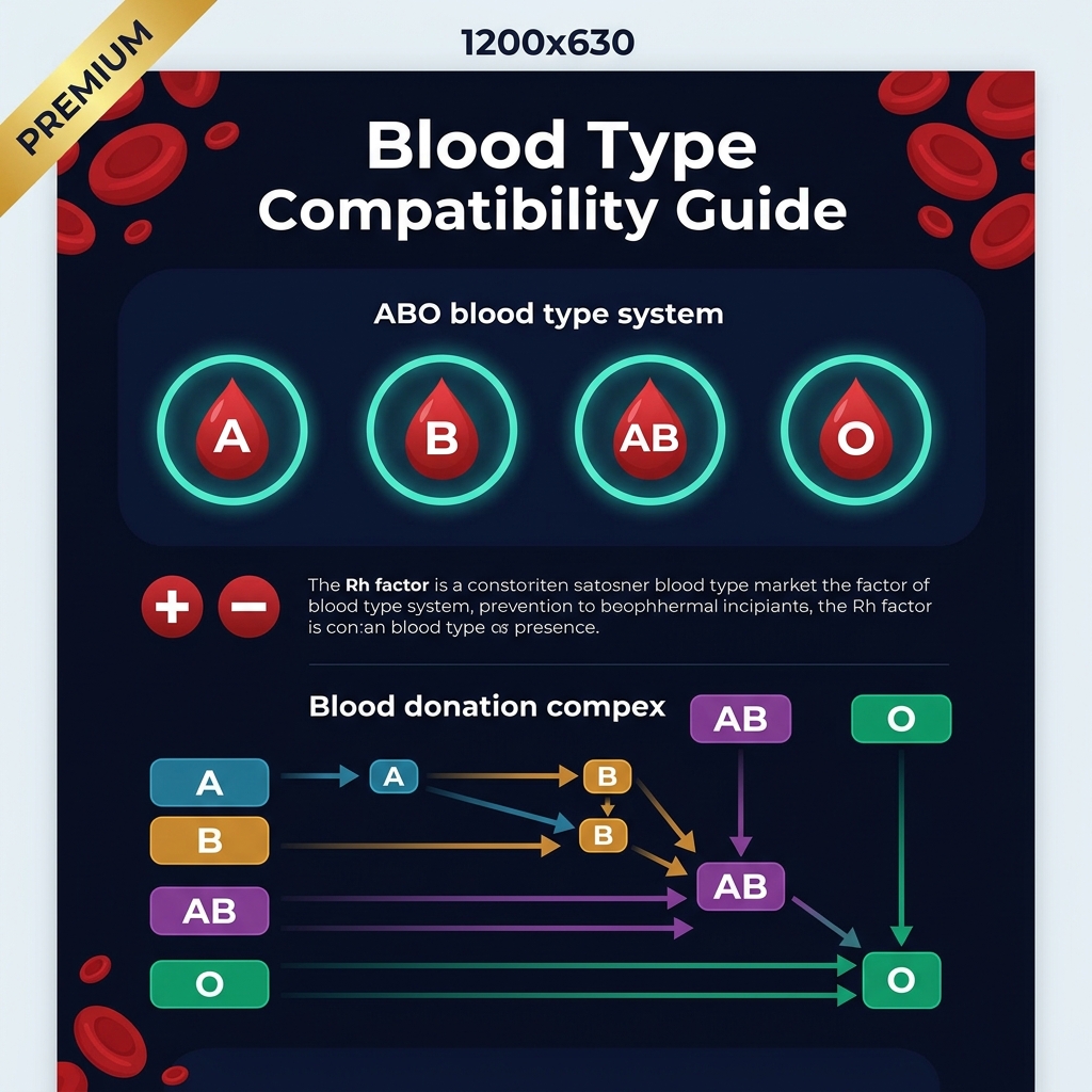 Blood Type Calculator infographic showing ABO blood type system with compatibility chart for A, B, AB, and O blood types, including universal donor O- and universal recipient AB+
