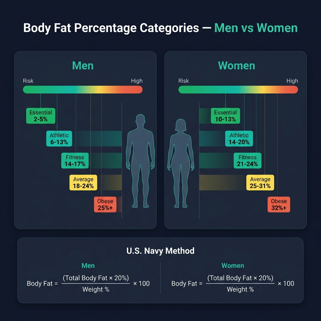 Body fat percentage categories for men and women — essential, athletic, fitness, average, and obese ranges with visual reference