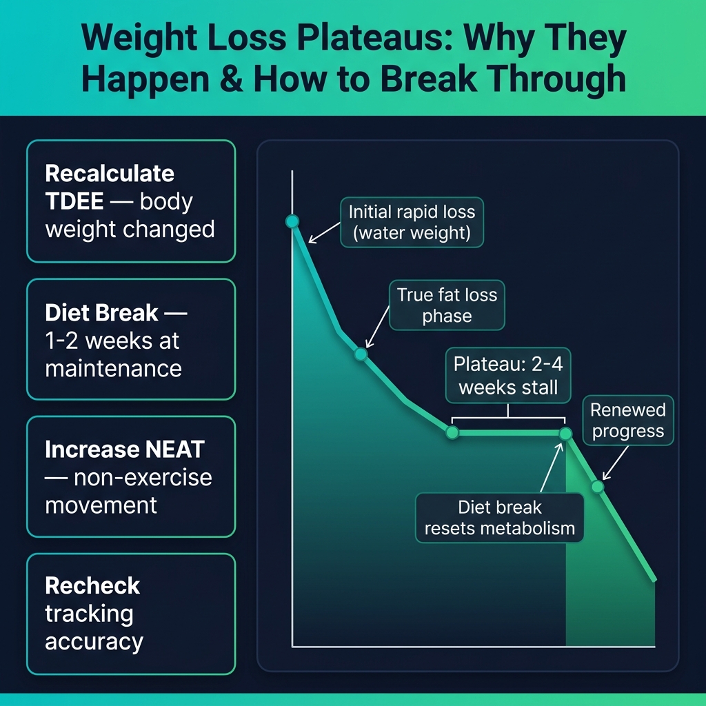 Weight loss plateau diagram showing stalling, diet break, and renewed progress after recalculating TDEE
