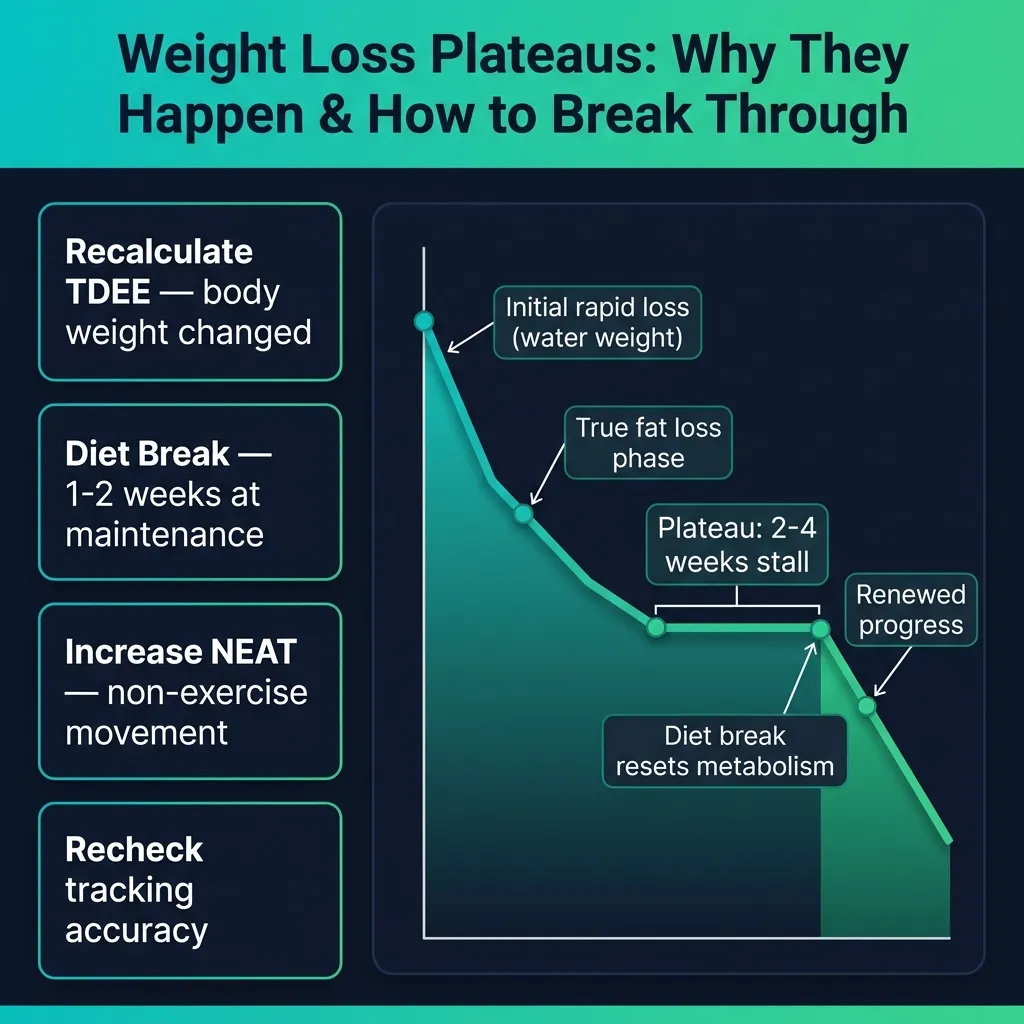 Weight loss plateau diagram showing stalling, diet break, and renewed progress after recalculating TDEE