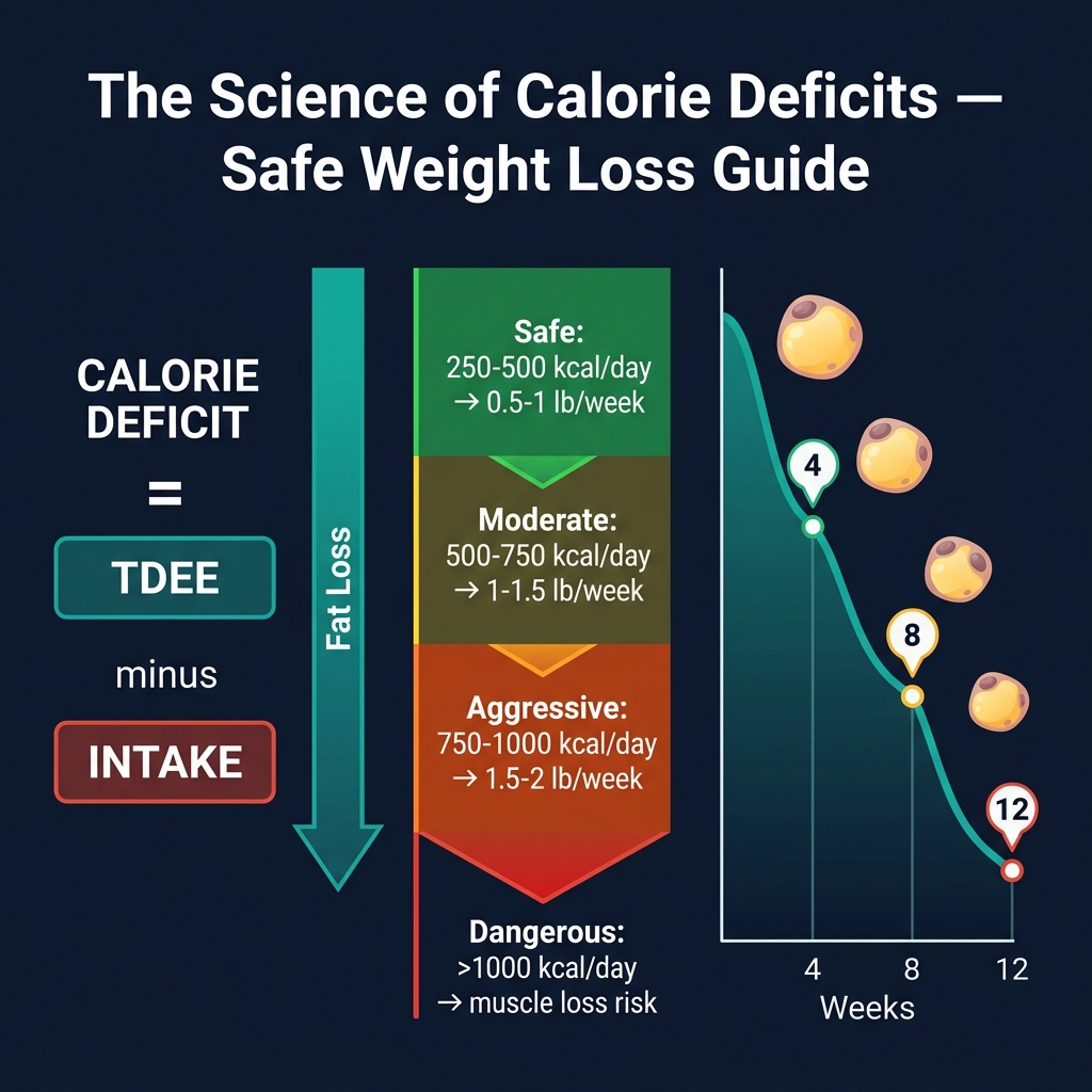 The science of calorie deficits — safe weight loss zones from 250 to 1000+ kcal/day with expected weekly loss rates