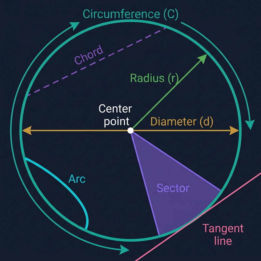 Circle parts diagram on dark navy background showing center point, radius (green arrow), diameter (amber arrow), circumference (teal arc), chord (purple dashed), arc segment (cyan), sector (violet wedge), and tangent line (pink)