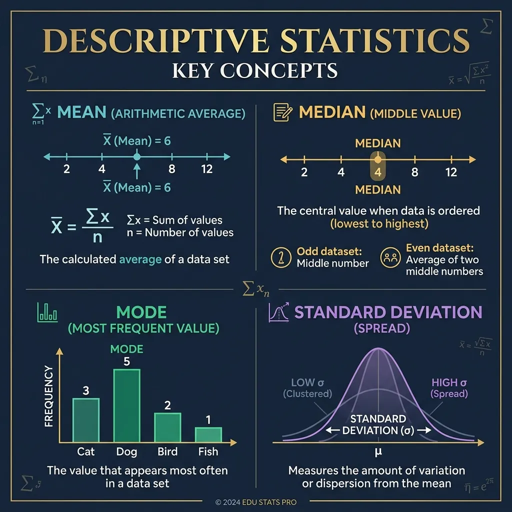 Descriptive statistics chart showing four types of average: arithmetic mean (teal), median (amber/gold), mode (emerald green), and standard deviation bell curve (purple), each illustrated with a small diagram on a dark navy background