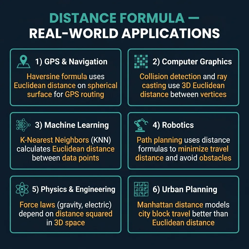 Distance Formula real-world applications chart showing six use cases: GPS and navigation using Haversine formula for spherical distance, computer graphics using 3D Euclidean distance for collision detection, machine learning using distance metrics for K-Nearest Neighbors, robotics using path planning algorithms, physics using inverse-square laws, and urban planning using Manhattan distance for city block routing, on a dark navy background with teal bordered cards