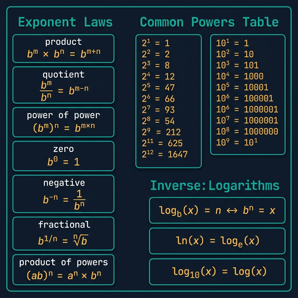 Exponent laws and logarithm reference chart showing 7 exponent rules (product, quotient, power of power, zero, negative, fractional, product of powers), a common powers table for 2^1 through 2^12 and 10^1 through 10^9, and logarithm inverse formulas log_b(x) = n means b^n = x, on a dark navy premium background with teal borders and amber monospace text