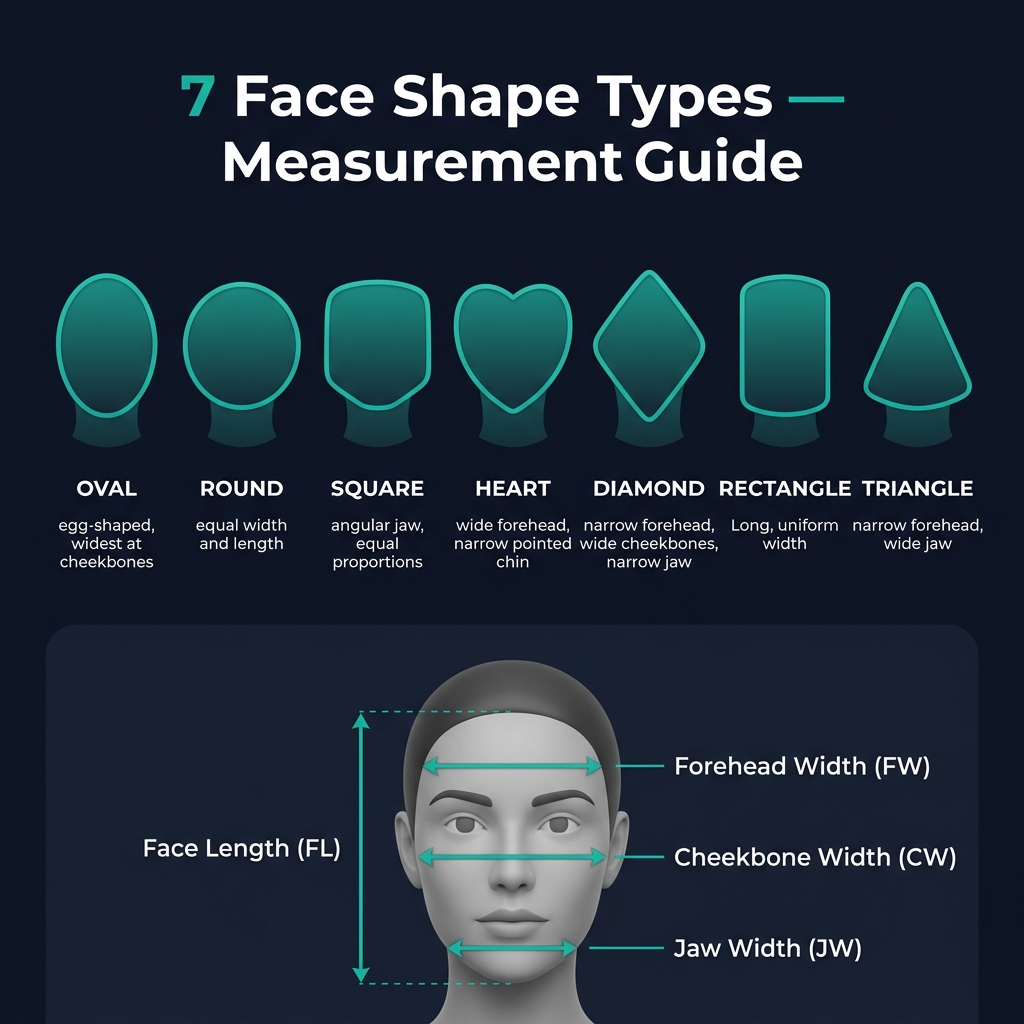 7 face shape types reference guide showing measurement points for face length, forehead, cheekbone, and jaw width