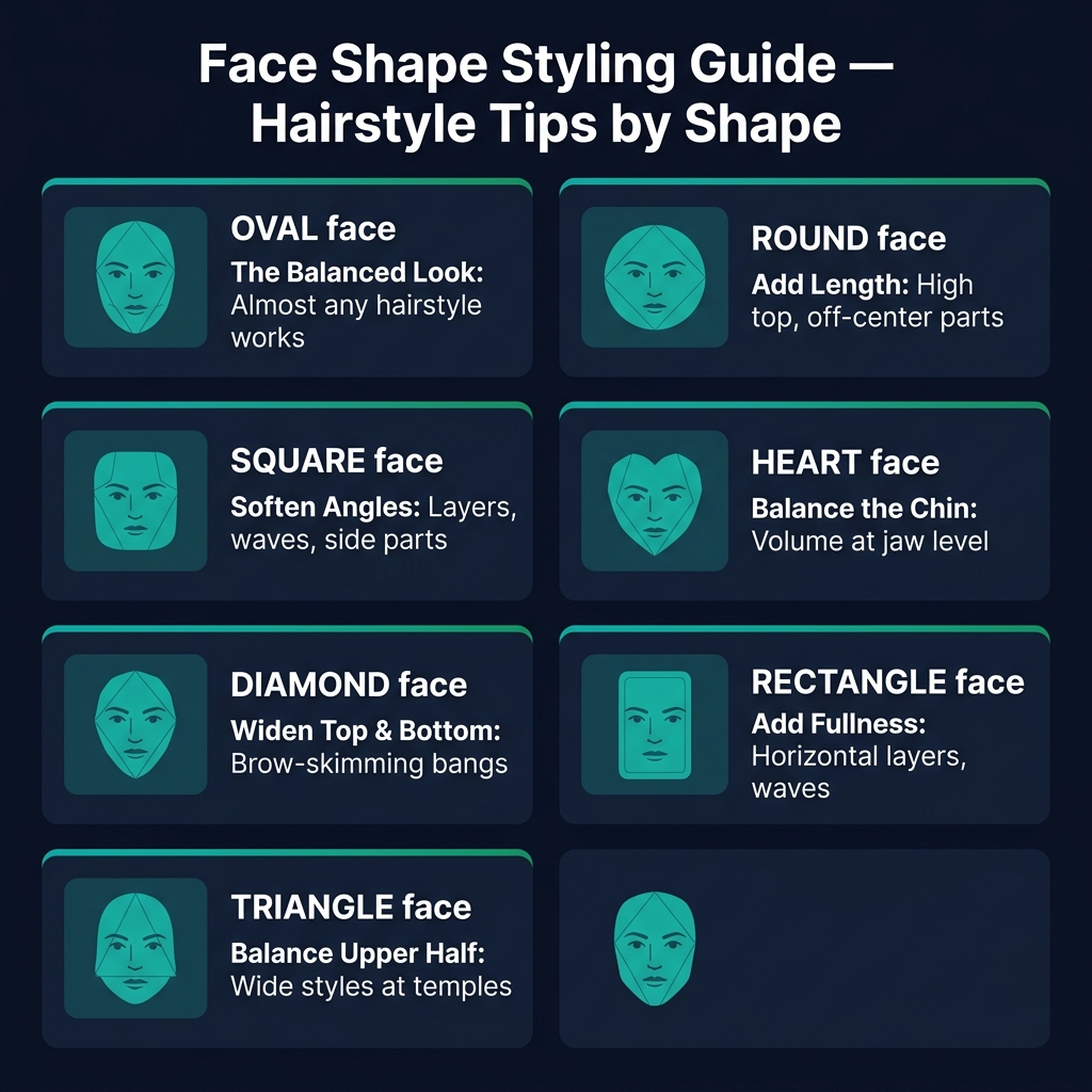 Face shape styling guide showing hairstyle recommendations for each of the 7 face shapes