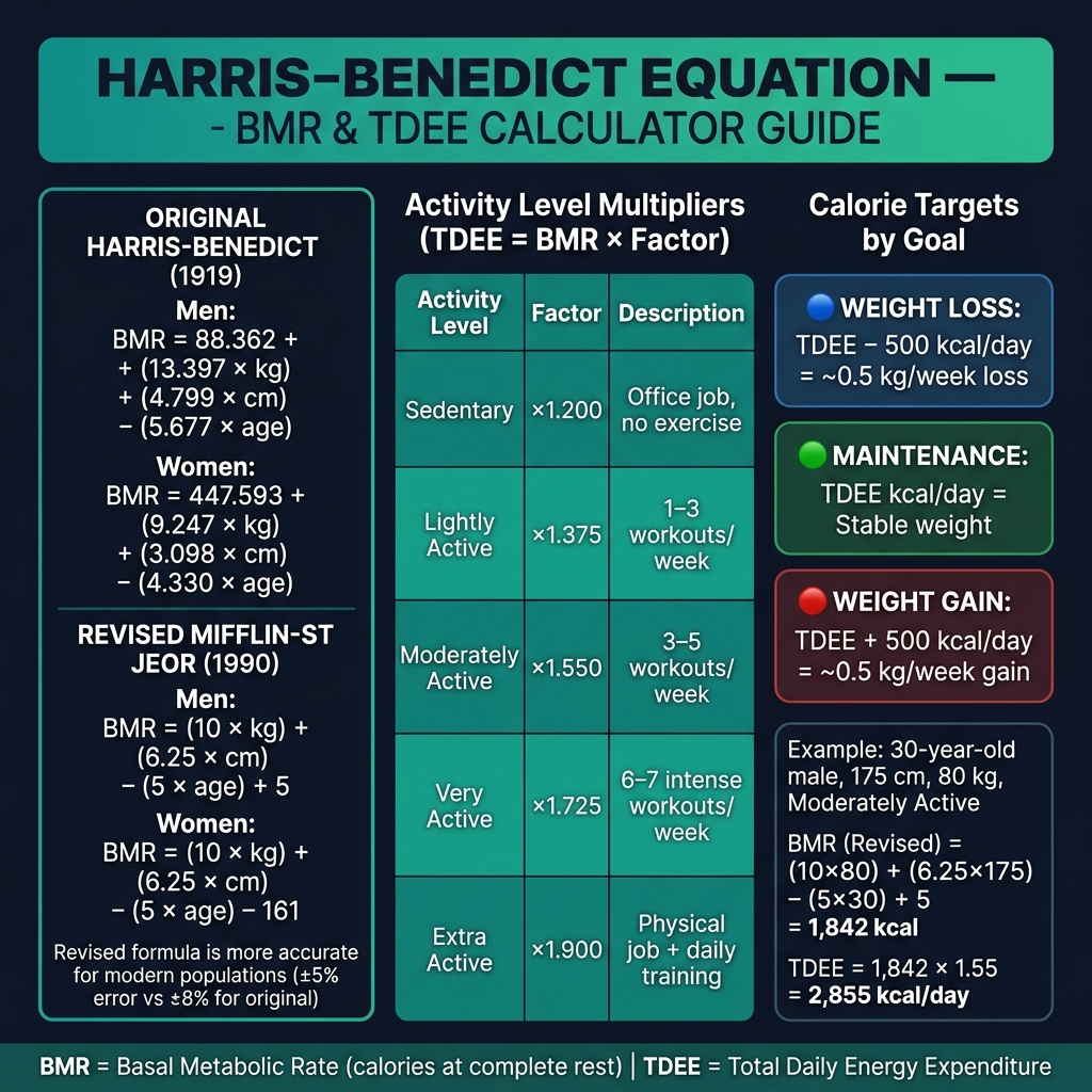 Harris-Benedict formula reference, activity level multipliers, and calorie targets by goal