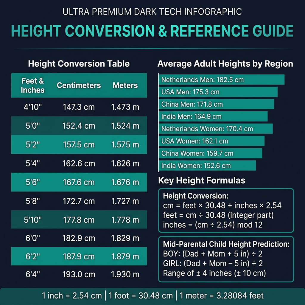 Height conversion chart and reference guide showing cm to feet-inches table, average heights by country, and key formulas