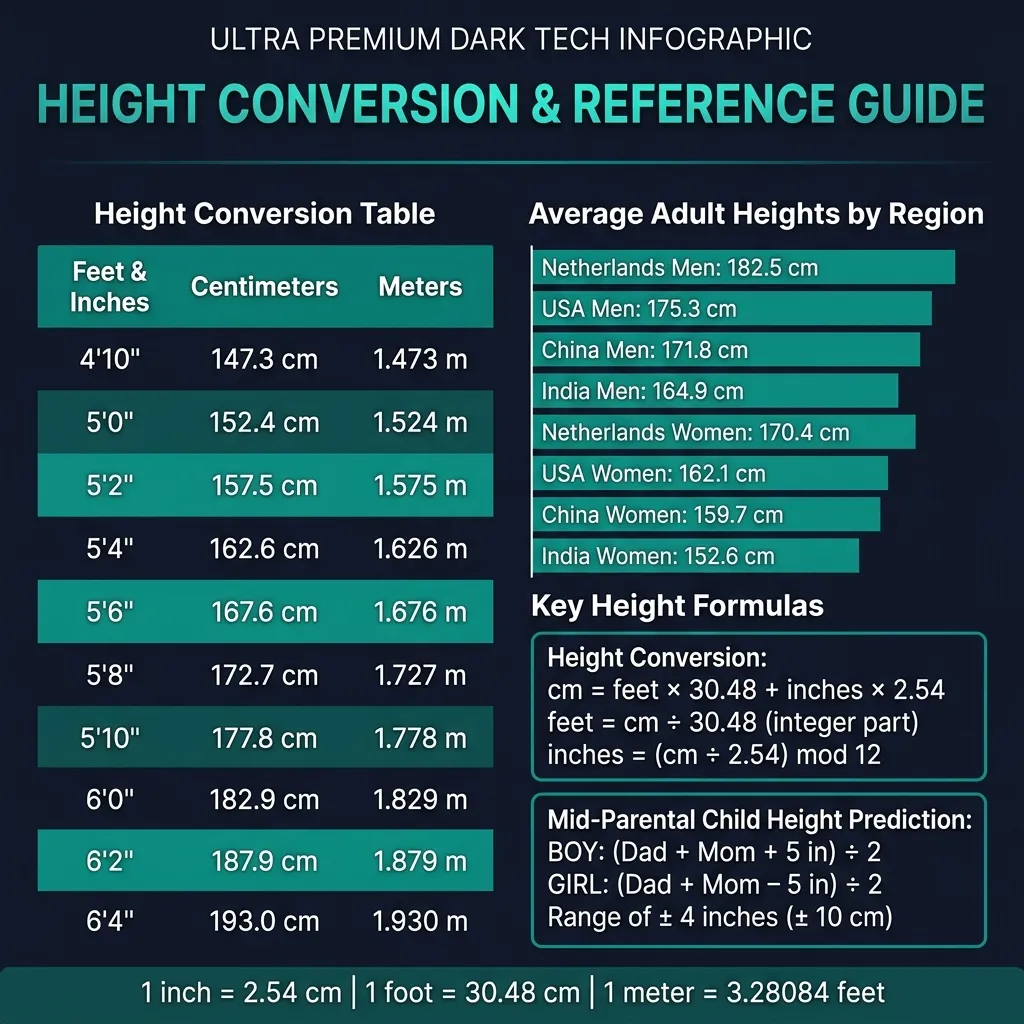Height conversion chart and reference guide showing cm to feet-inches table, average heights by country, and key formulas