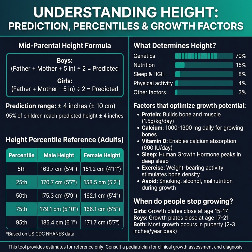 Height prediction mid-parental formula, height percentile reference tables, and growth factors breakdown