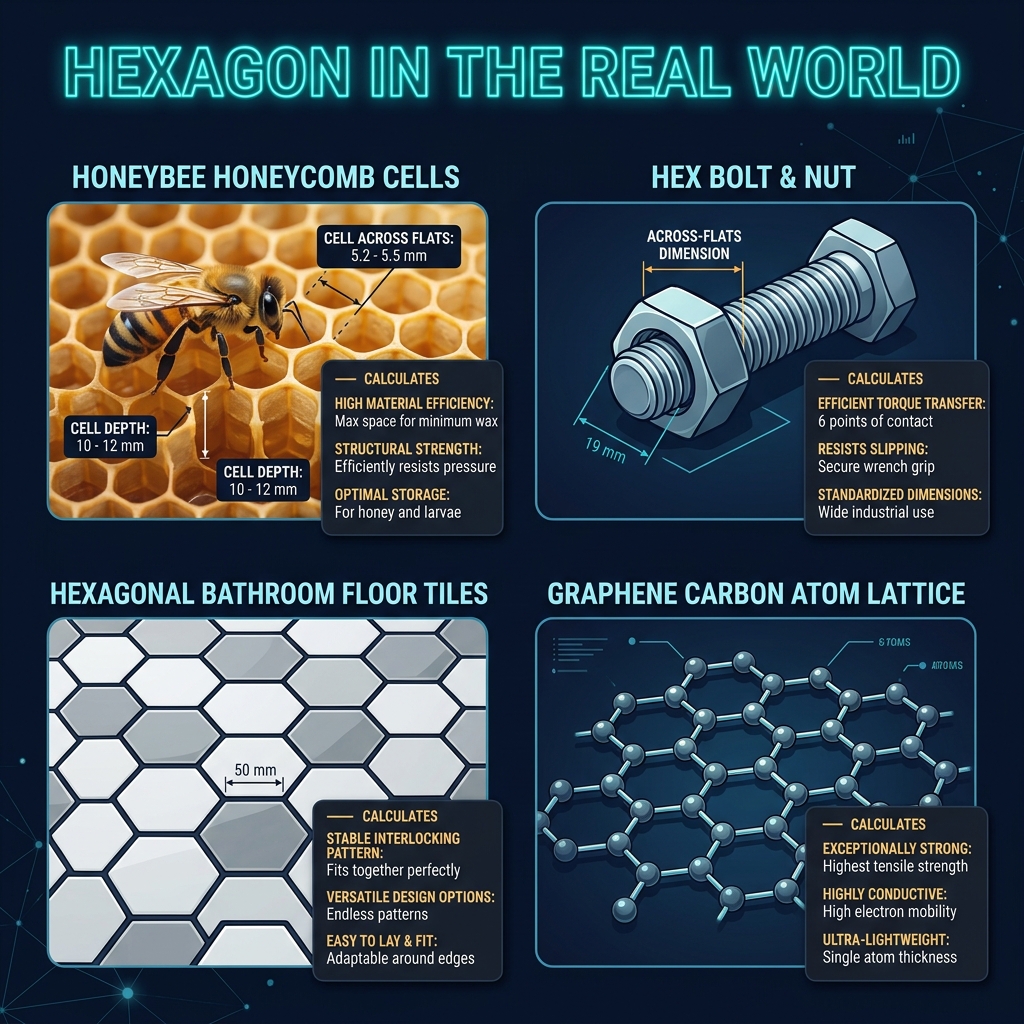 Hexagon Calculator real-world examples: honeycomb cell, hex bolt, hexagonal floor tile, and graphene lattice with measurements and calculated properties