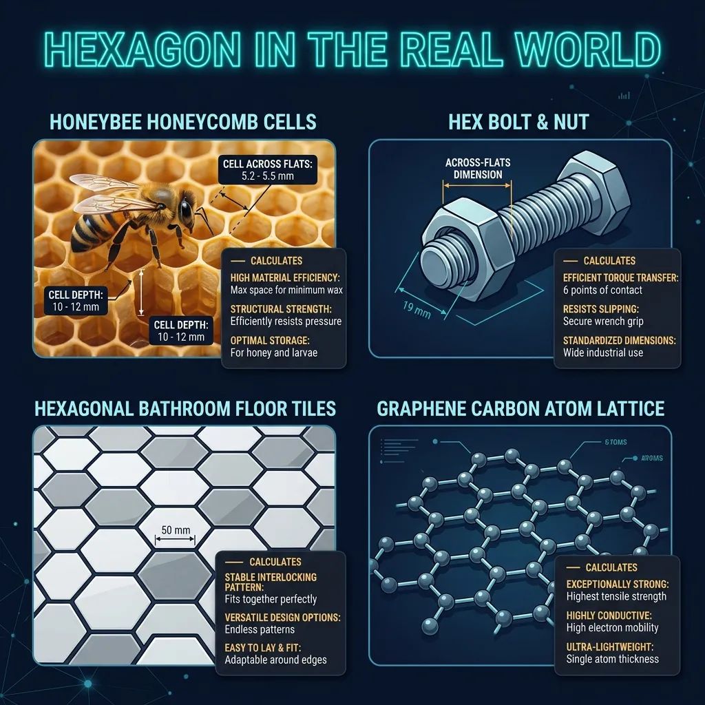 Hexagon Calculator real-world examples: honeycomb cell, hex bolt, hexagonal floor tile, and graphene lattice with measurements and calculated properties