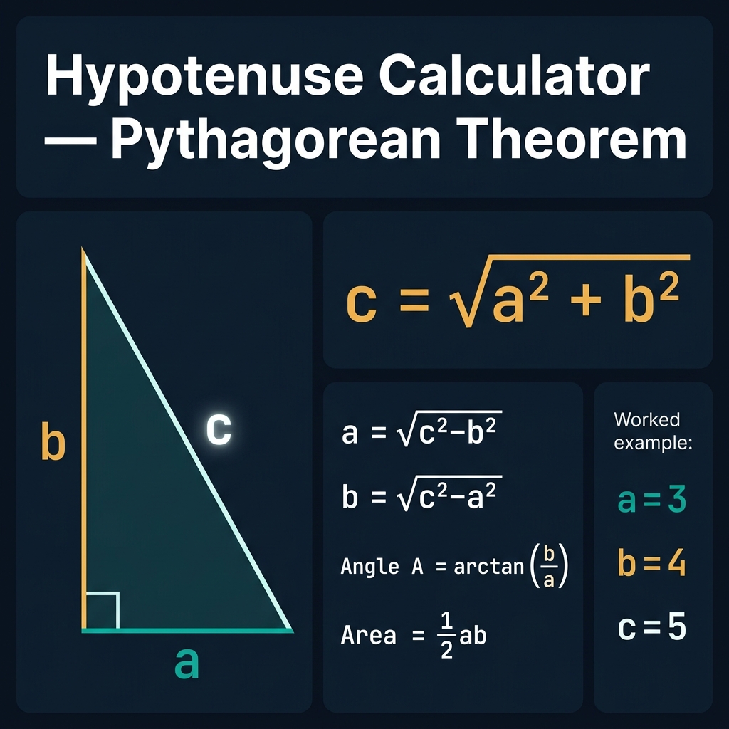 Hypotenuse Calculator infographic showing a right triangle with legs labeled a (horizontal, teal) and b (vertical, amber), hypotenuse c in glowing white, the right-angle square at the corner, and the main formula c = √(a² + b²) in large amber monospace font alongside derived formulas and a classic 3-4-5 worked example, on a dark navy premium background
