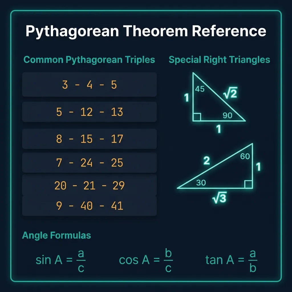 Pythagorean triples reference chart showing common integer triples (3-4-5, 5-12-13, 8-15-17, 7-24-25), two special right triangle diagrams for 45-45-90 with sides 1, 1, √2 and 30-60-90 with sides 1, √3, 2, and angle formulas sin A = a/c, cos A = b/c, tan A = a/b, on a dark premium navy background with teal borders and amber monospace text