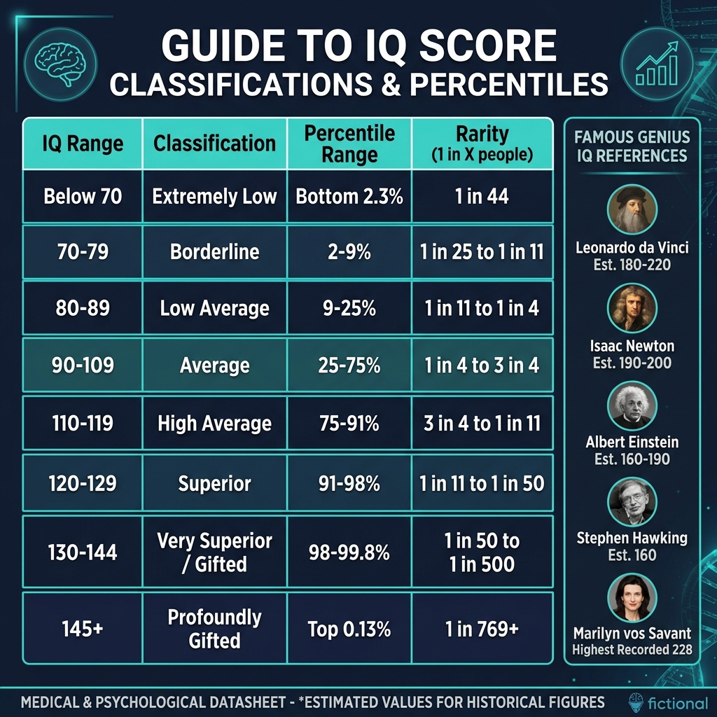 IQ classification table showing score ranges, labels (Average, High Average, Superior, Very Superior, Gifted), percentile ranges, and rarity estimates for each category