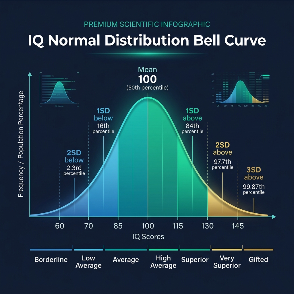 IQ normal distribution bell curve infographic showing standard deviation zones, IQ scores at each zone (70, 85, 100, 115, 130, 145), and corresponding percentiles from 0.13% to 99.87%