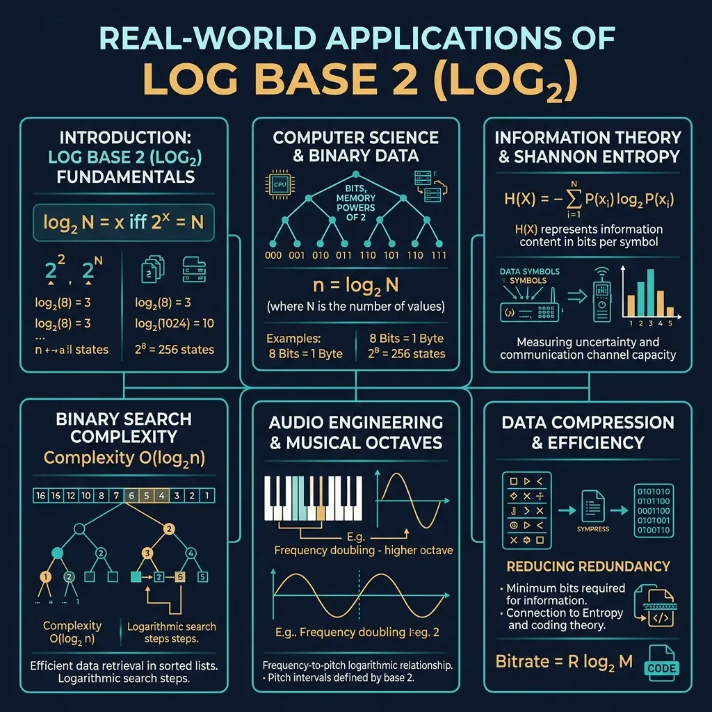 Log Base 2 applications infographic showing six use-cases: binary search O(log n) complexity tree, memory addressing and powers of 2 from 1 bit to 1 TB, information theory Shannon entropy formula, audio octave doubling of frequency, data compression Huffman coding, and algorithm complexity comparison table on dark navy background with teal border cards
