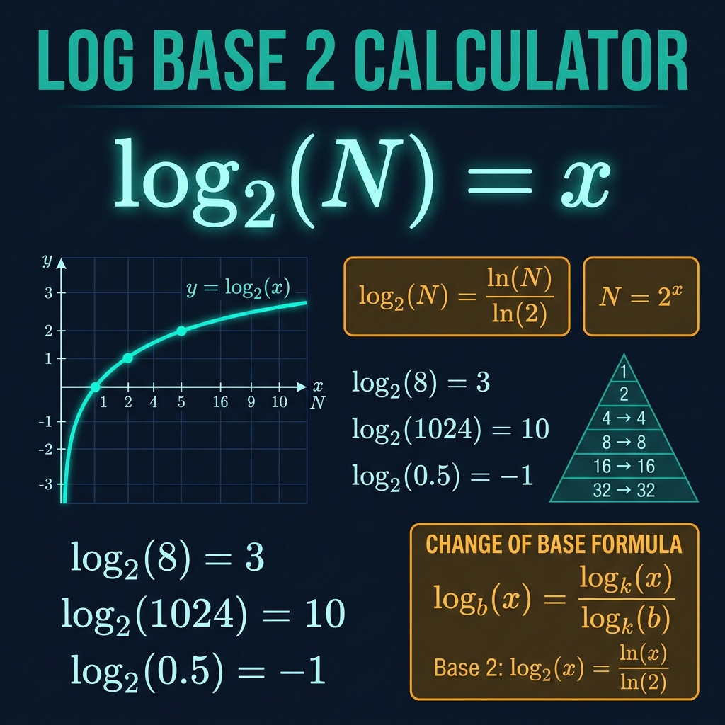 Log Base 2 Calculator infographic showing the binary logarithm formula log₂(N) equals x where 2 to the power x equals N, with a logarithmic curve on a dark navy background, key examples log₂(8) equals 3 and log₂(1024) equals 10, the change-of-base formula, and binary powers of 2 pyramid from 1 to 1024, with teal and amber accents