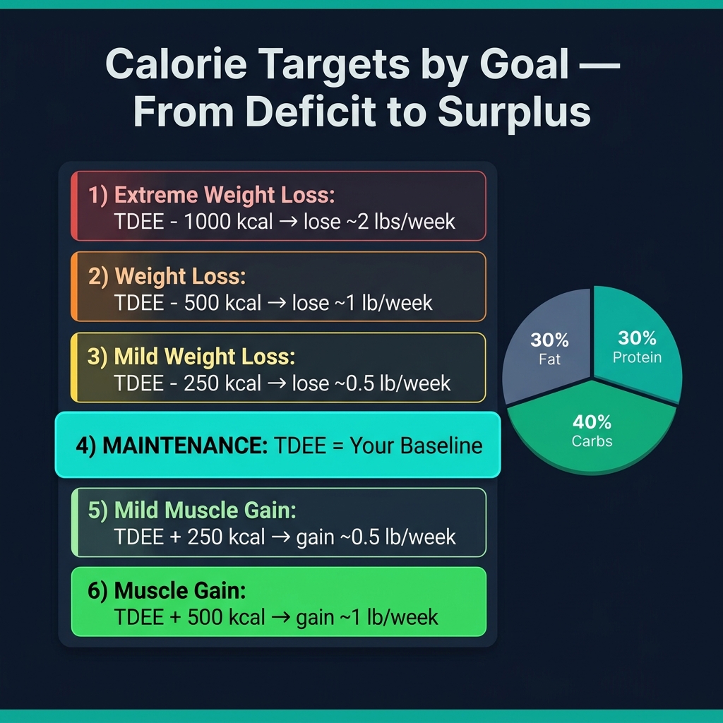 Calorie targets by goal from extreme deficit to surplus with macronutrient breakdown