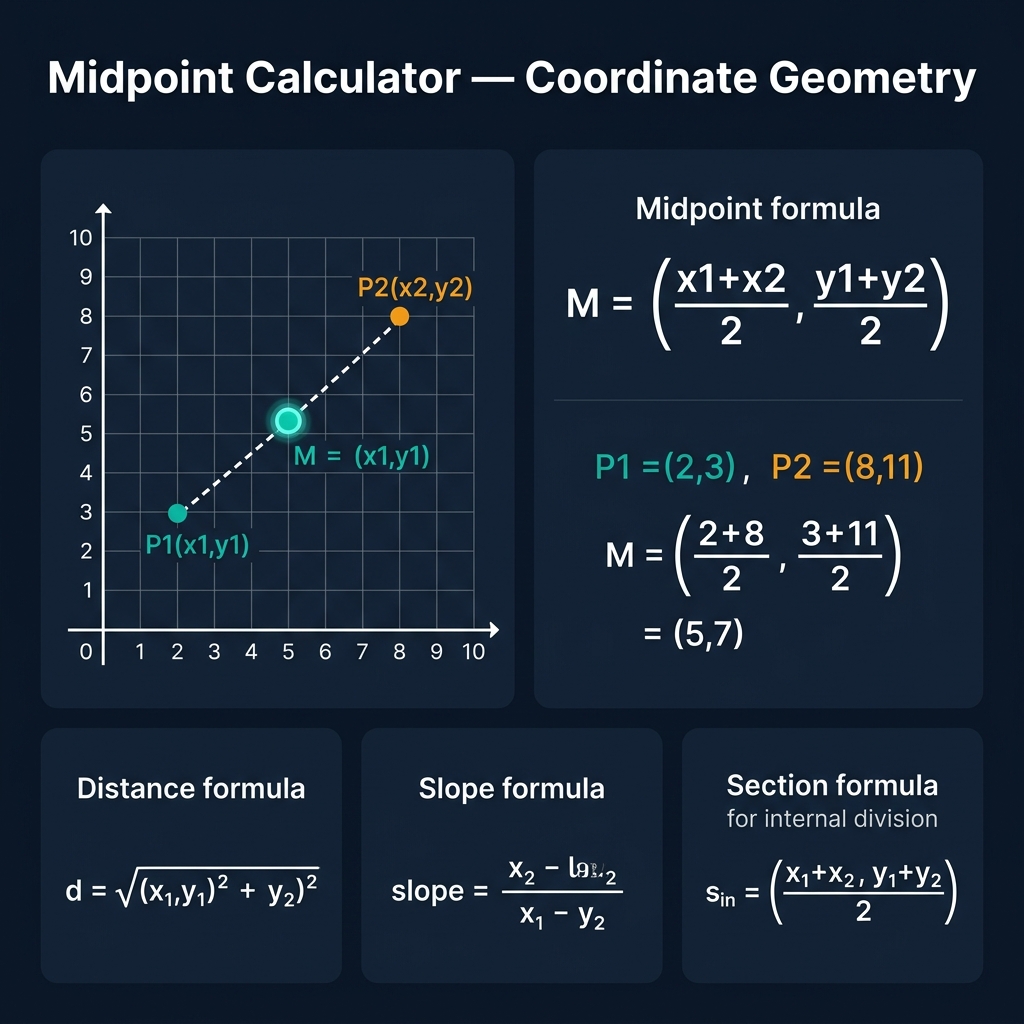 Midpoint Calculator infographic showing a coordinate grid with two labeled points connected by a dashed line, the midpoint formula M = ((x1+x2)/2, (y1+y2)/2), a step-by-step worked example, and three related formulas: distance, slope, and section formula, on a premium dark navy teal-themed background