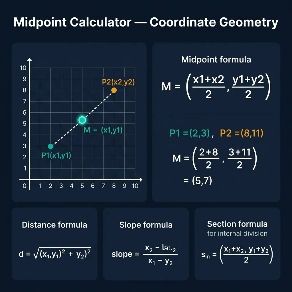 Midpoint Calculator infographic showing a coordinate grid with two labeled points connected by a dashed line, the midpoint formula M = ((x1+x2)/2, (y1+y2)/2), a step-by-step worked example, and three related formulas: distance, slope, and section formula, on a premium dark navy teal-themed background
