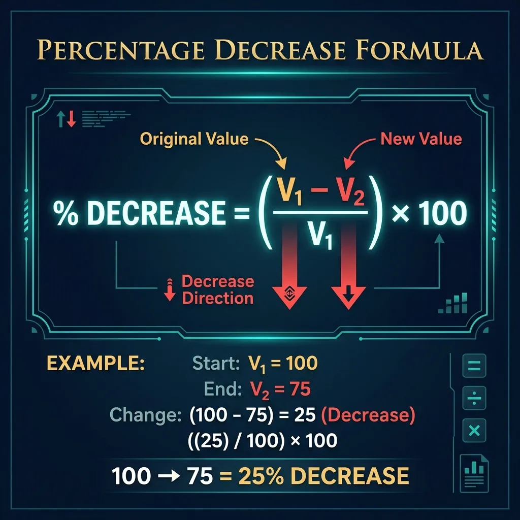 Percentage Decrease Calculator formula infographic showing % Decrease = ((V₁ − V₂) / V₁) × 100 on dark navy background with example 100 to 75 equals 25 percent decrease