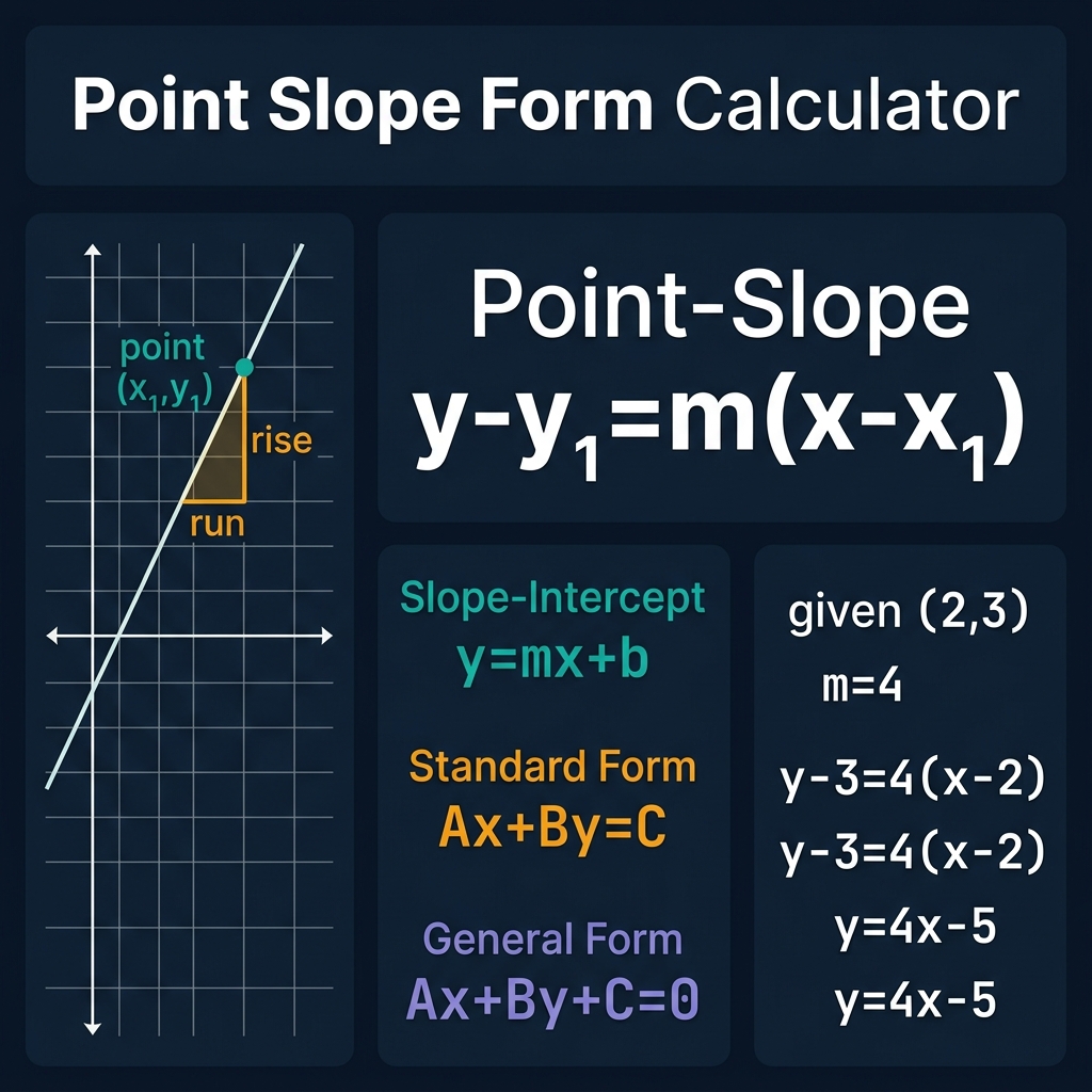 Point Slope Form Calculator infographic showing coordinate grid with a line through point (x₁,y₁), slope triangle with rise/run labeled, and derivation of all 4 line forms: point-slope y-y₁=m(x-x₁), slope-intercept y=mx+b, standard form Ax+By=C, with worked example point (2,3) slope 4 giving y=4x-5, on dark navy premium background