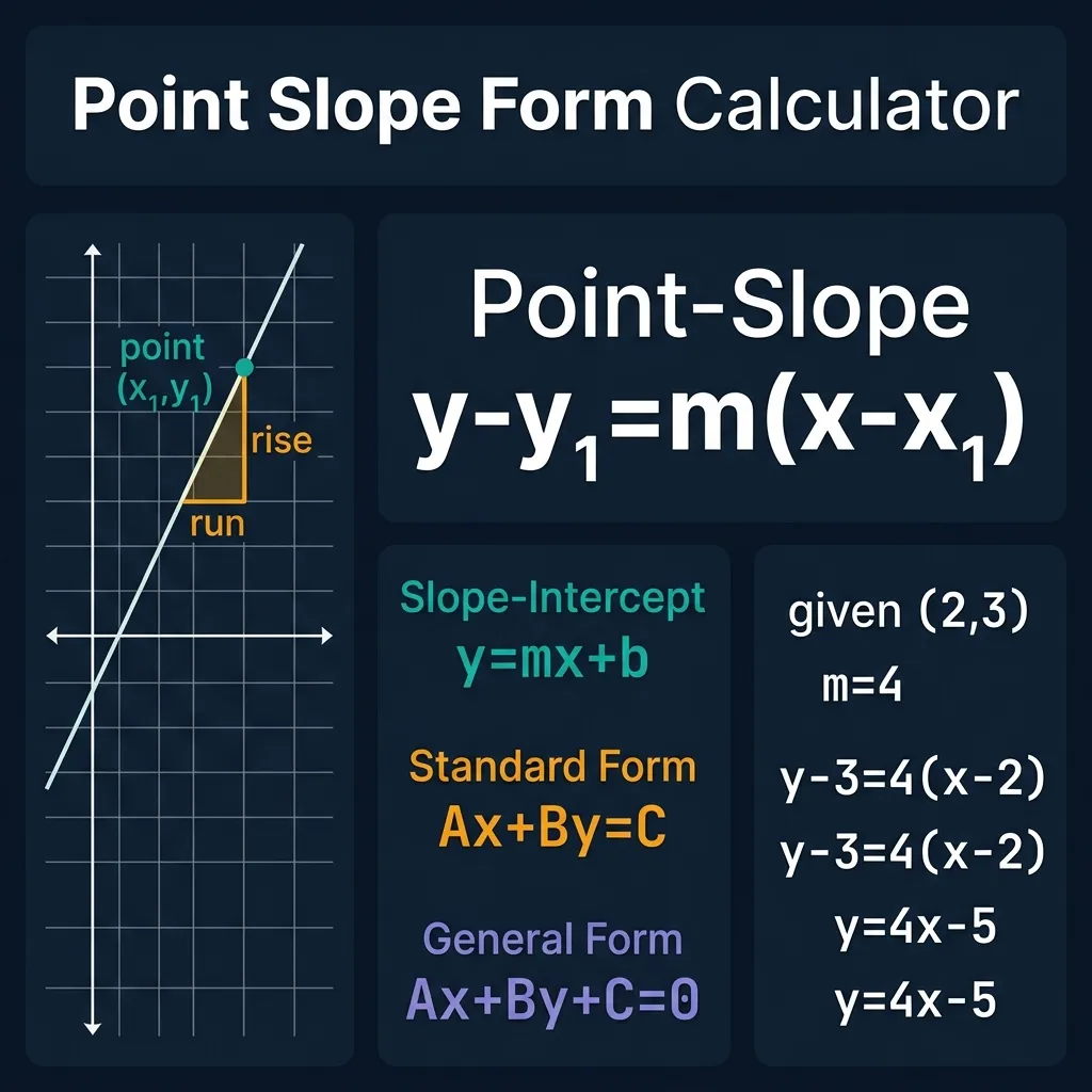 Point Slope Form Calculator infographic showing coordinate grid with a line through point (x₁,y₁), slope triangle with rise/run labeled, and derivation of all 4 line forms: point-slope y-y₁=m(x-x₁), slope-intercept y=mx+b, standard form Ax+By=C, with worked example point (2,3) slope 4 giving y=4x-5, on dark navy premium background