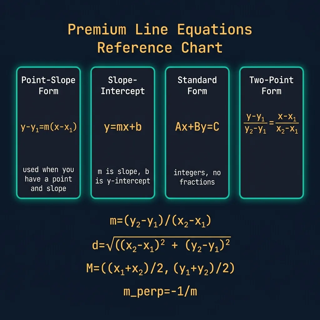 Line equations reference chart showing four columns: Point-Slope Form y-y₁=m(x-x₁), Slope-Intercept y=mx+b, Standard Form Ax+By=C, Two-Point Form; with slope formula m=(y₂-y₁)/(x₂-x₁), distance formula, midpoint formula, and perpendicular slope formula m_perp=-1/m, on dark navy background with teal borders and amber monospace text