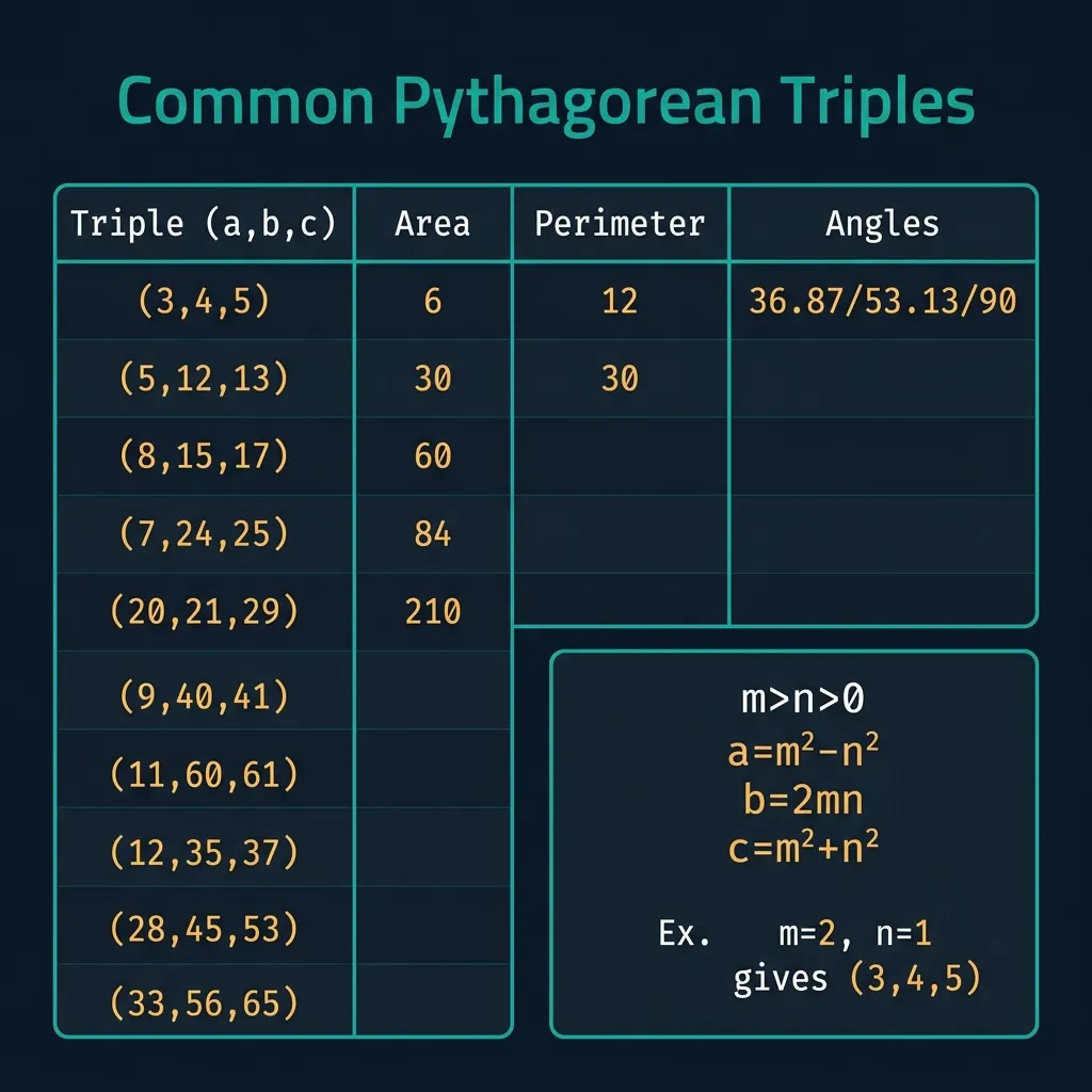 Pythagorean Triples reference chart showing 10 common triples with area, perimeter and angles, plus Euclid