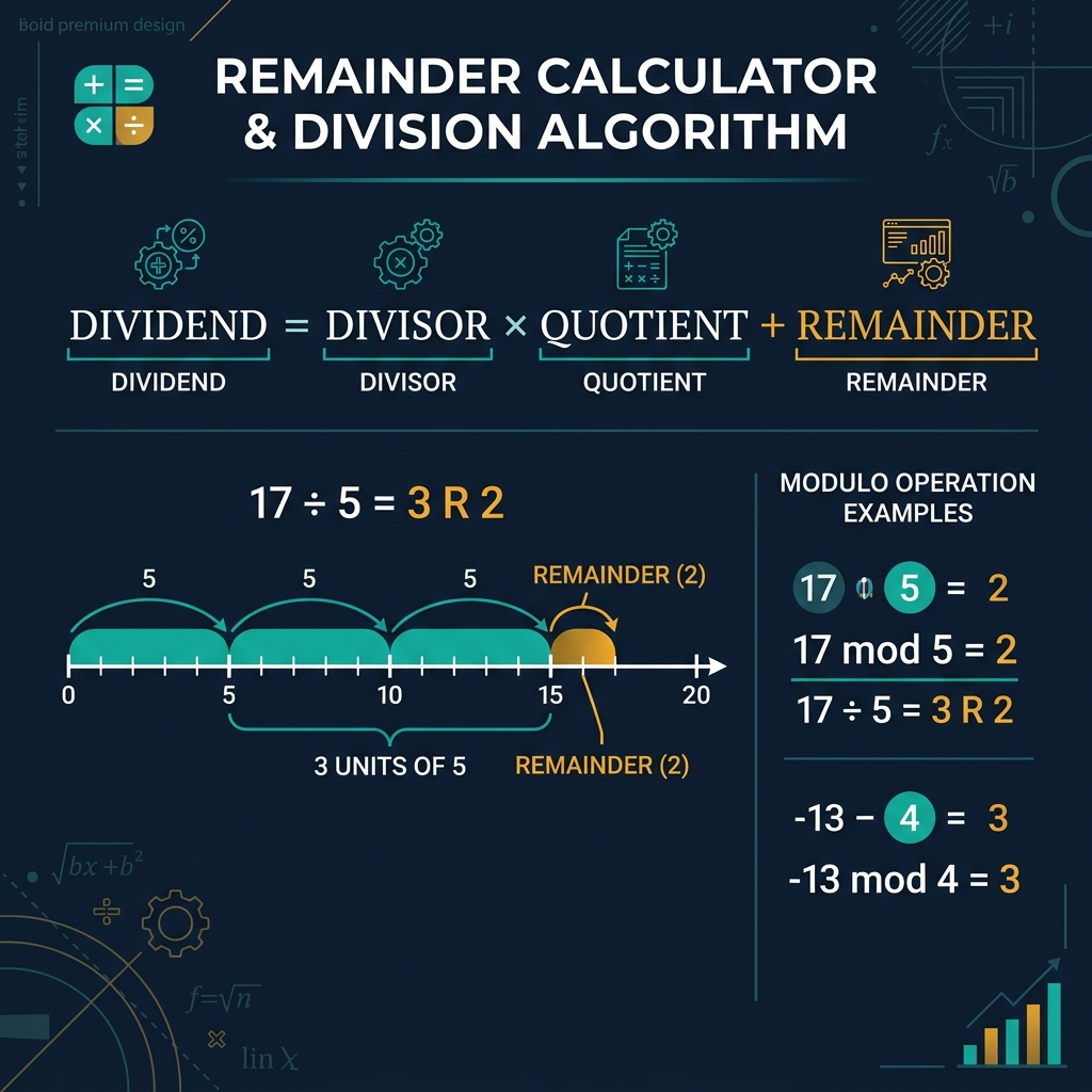 Remainder calculator infographic showing the division algorithm formula: Dividend equals Divisor times Quotient plus Remainder, with worked examples and a number-line diagram highlighting the remainder segment