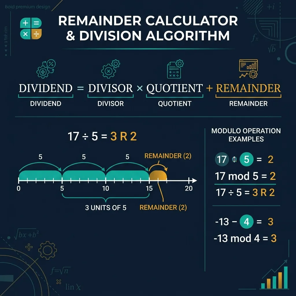 Remainder calculator infographic showing the division algorithm formula: Dividend equals Divisor times Quotient plus Remainder, with worked examples and a number-line diagram highlighting the remainder segment