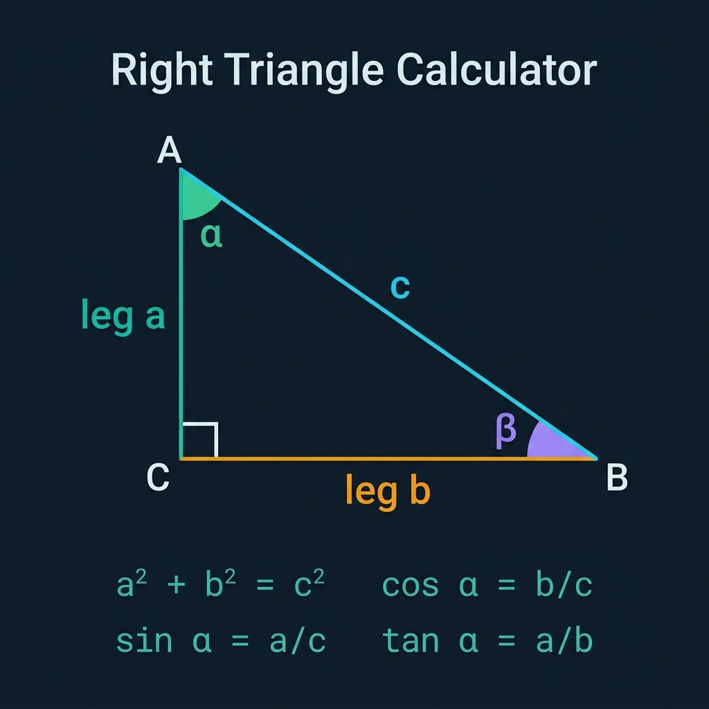 Right triangle calculator infographic showing a right triangle with labeled legs a (teal), b (amber), hypotenuse c (cyan), right angle marker, angle α (green), angle β (purple), and Pythagorean theorem formula a² + b² = c² on dark navy background