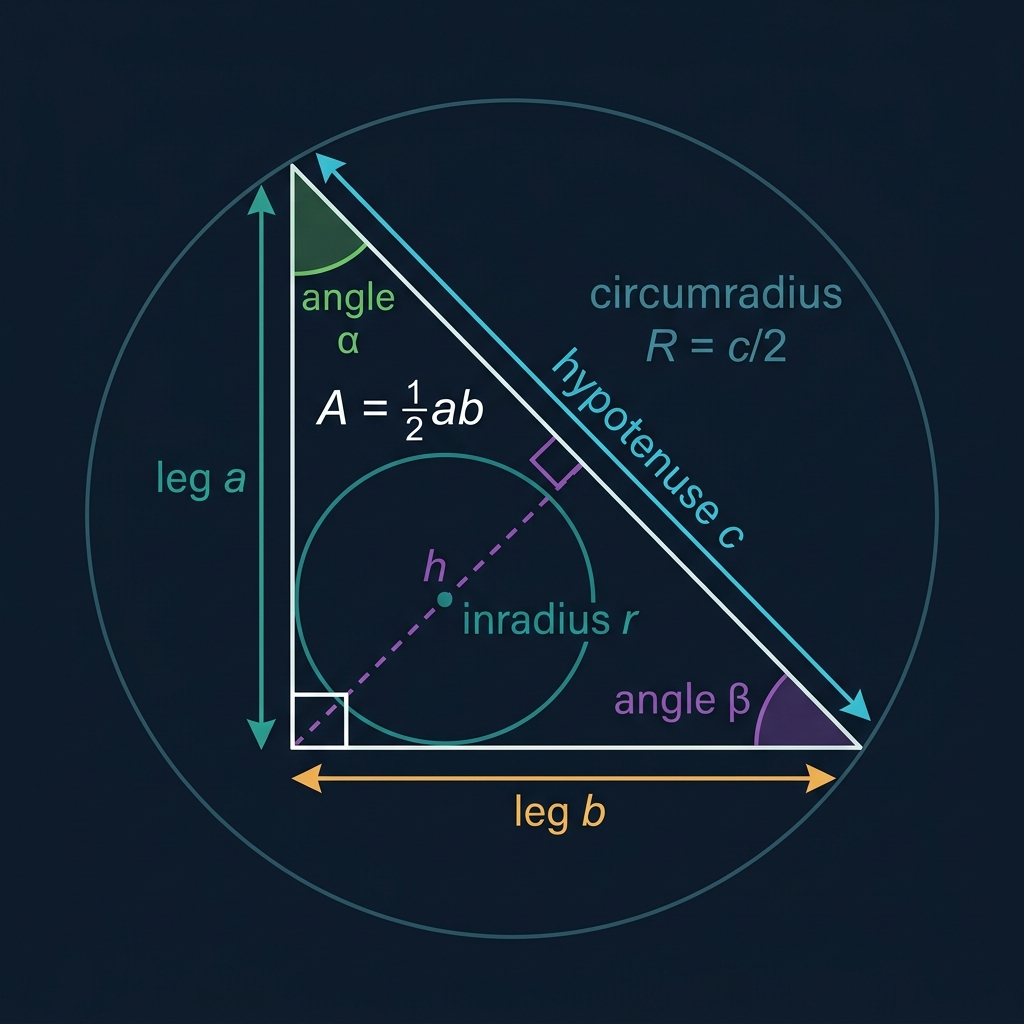 Right triangle parts diagram on dark navy background showing: hypotenuse (cyan, longest side), legs a and b (teal and amber), right angle marker (white square at vertex C), angles α and β at vertices A and B, altitude h from vertex C to hypotenuse, and labeled area and perimeter formulas