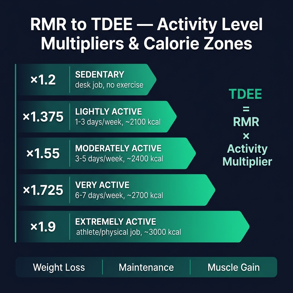 RMR to TDEE conversion using activity level multipliers — sedentary to extremely active with calorie zones