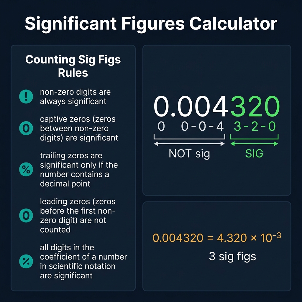 Significant Figures Calculator infographic showing the 5 rules for counting sig figs with color-coded digit annotations on the number 0.004320, converting to 4.320 × 10⁻³, on a dark navy teal-themed background