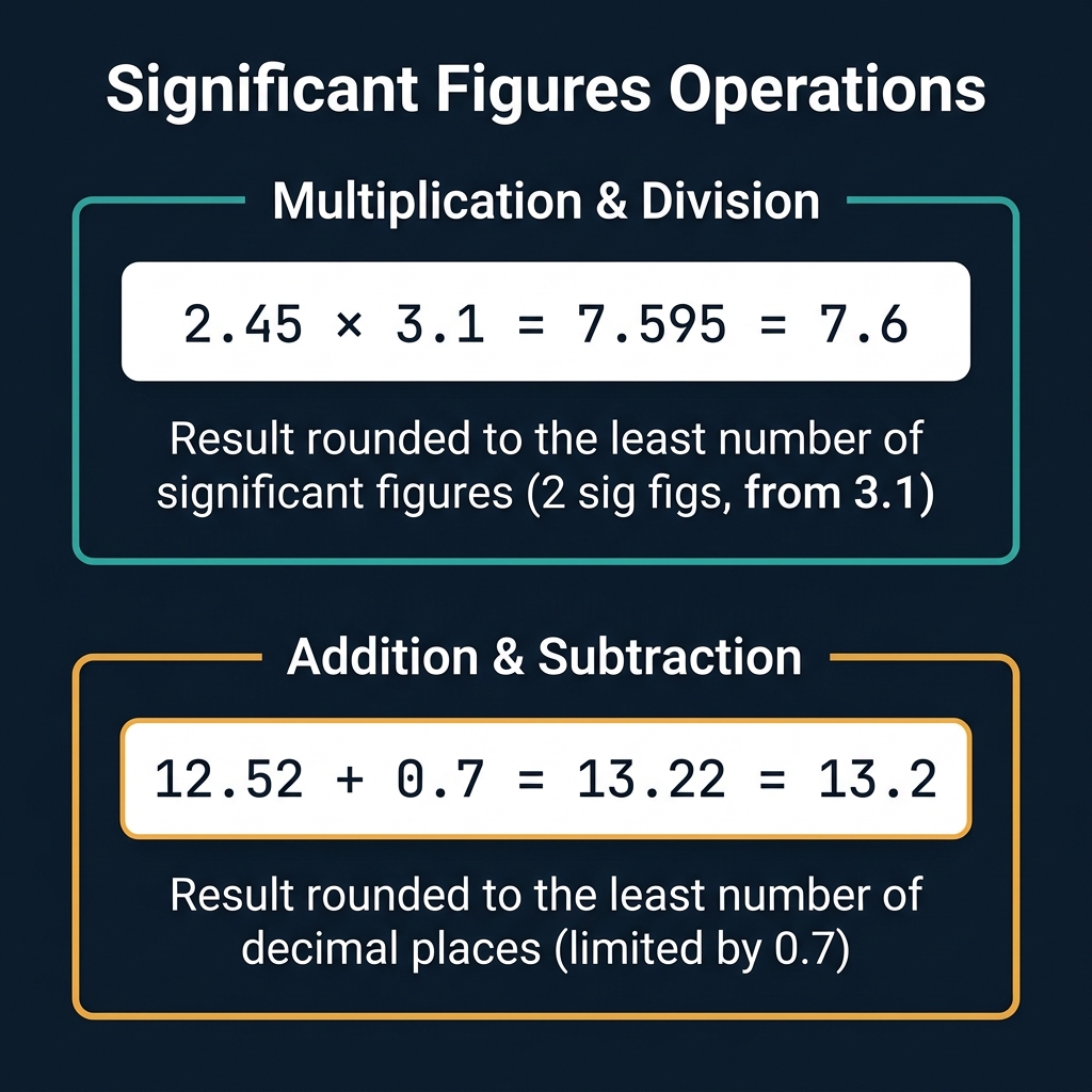 Significant figures operations reference chart showing multiplication and division (fewest sig figs rule): 2.45 × 3.1 = 7.6, and addition and subtraction (fewest decimal places rule): 12.52 + 0.7 = 13.2, on a dark premium navy background