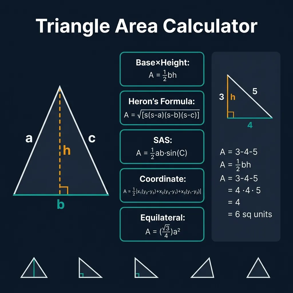 Triangle Area Calculator infographic showing a labeled triangle with base b teal and height h amber, five area formula cards (base-height half-bh, Heron
