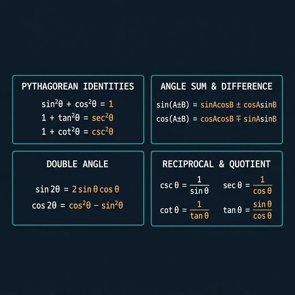 Trigonometric identities reference chart showing Pythagorean identities (sin²θ + cos²θ = 1), angle sum and difference formulas, double angle formulas, and reciprocal/quotient identities on a dark premium navy background with teal borders