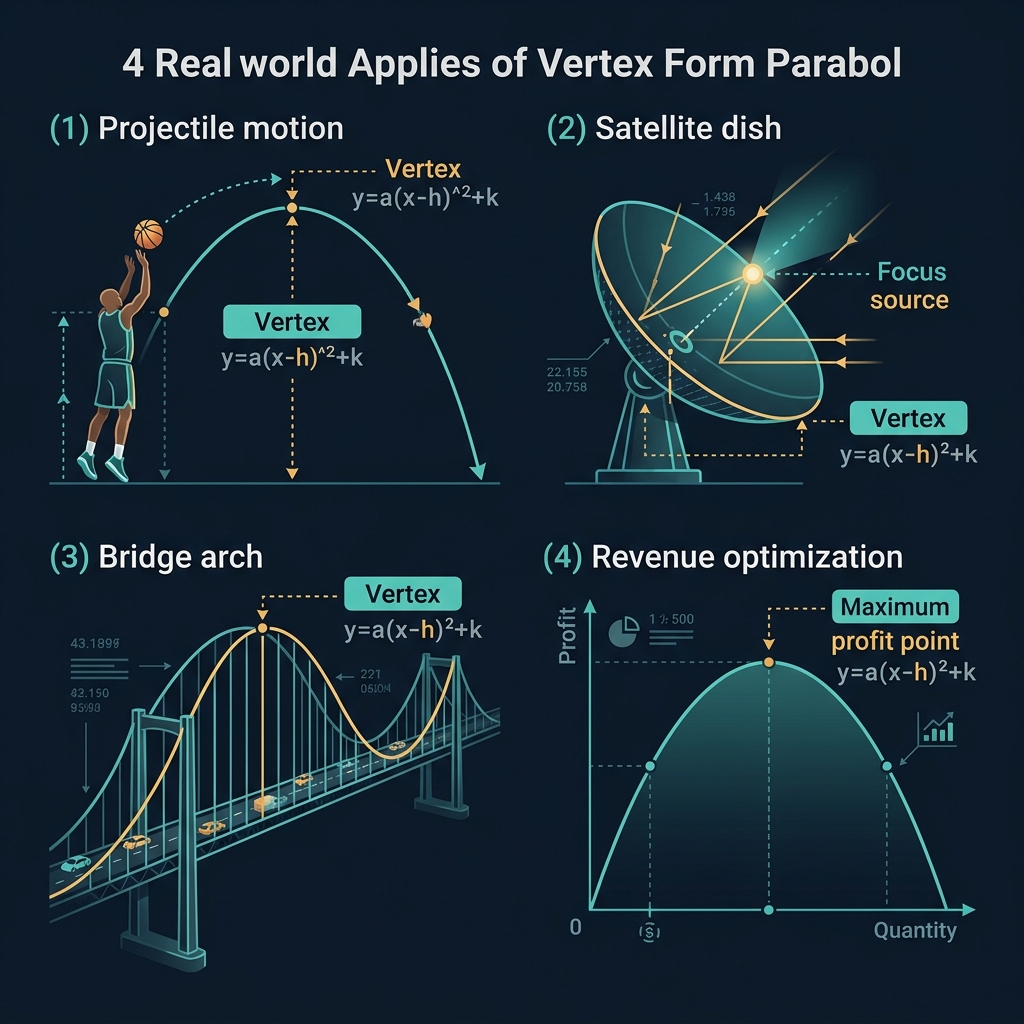 Vertex form parabola real-world applications infographic showing projectile motion basketball arc, satellite dish parabolic reflector, bridge arch suspension cables, and revenue optimization profit curve on dark navy background