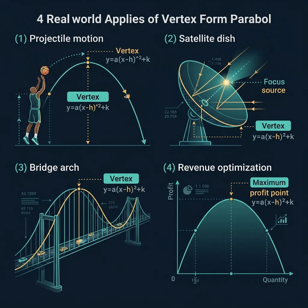 Vertex form parabola real-world applications infographic showing projectile motion basketball arc, satellite dish parabolic reflector, bridge arch suspension cables, and revenue optimization profit curve on dark navy background